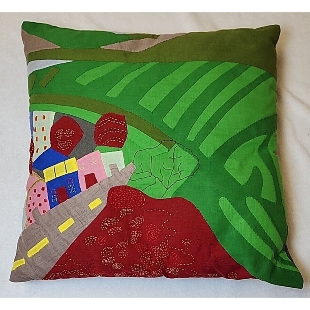 Natural Habitat Landscape Pillow Cover Embroidered Farm India 18 x 18
